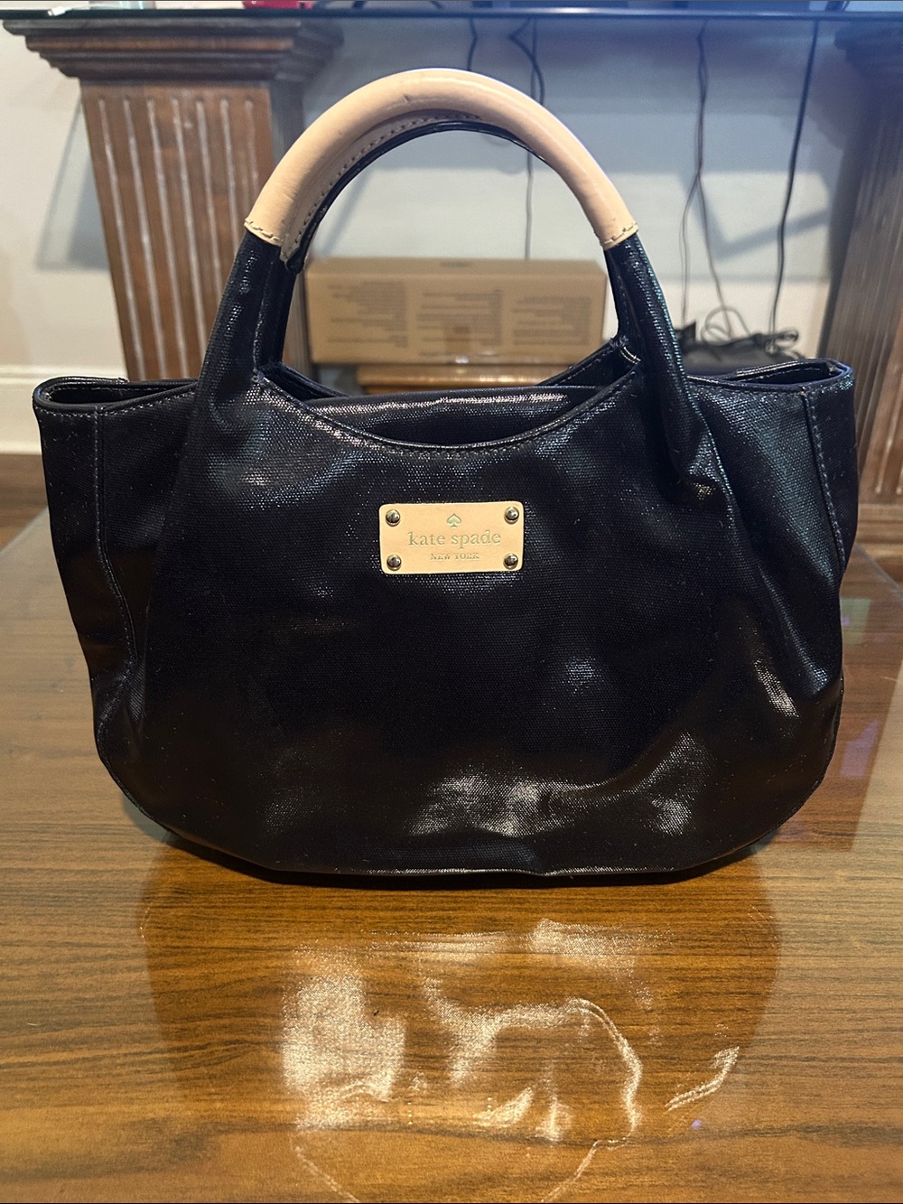 kate spade Black Tote with Cream Handles and Gold Plaque
